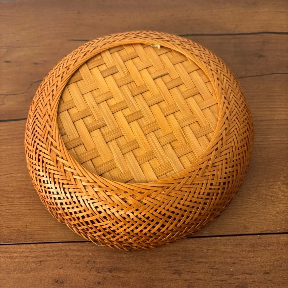Vintage Small Woven Basket with Checkered Base Wicker Rattan